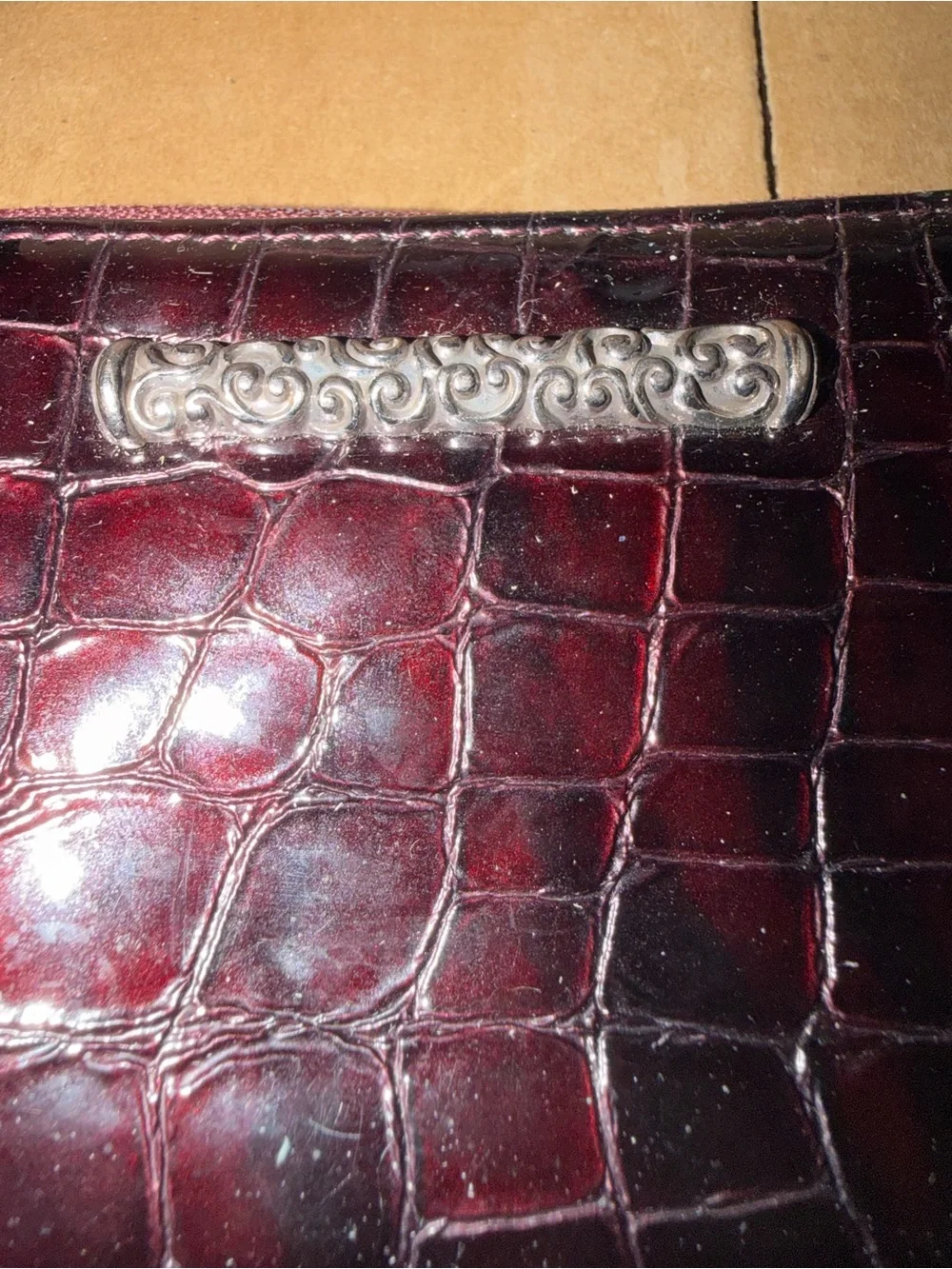 Brighton Burgundy Croc Embossed Leather Organizer Wallet Silver Heart Y2K